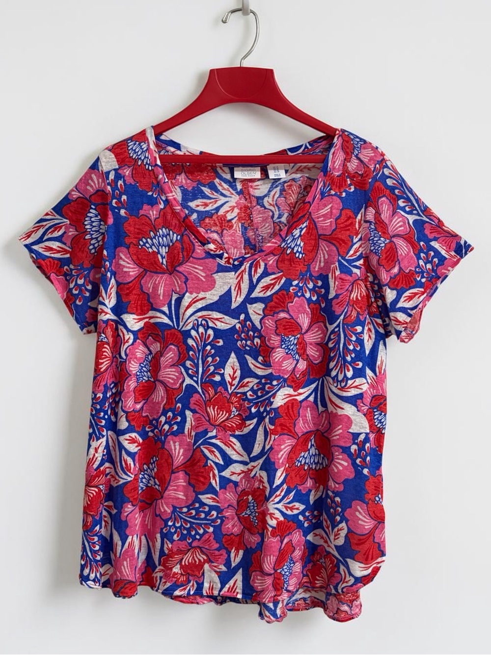 Sigrid Olsen Linen Short Sleeve V-Neck Tee in Blue, Pink and Red Floral Sz 1X